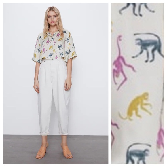 NWT. Zara Monkey Print Cropped Shirt Size XL, XXL. - Picture 3 of 6